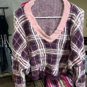 Forever 21 Plush V-Neck Plaid Sweater - Pink & Plum